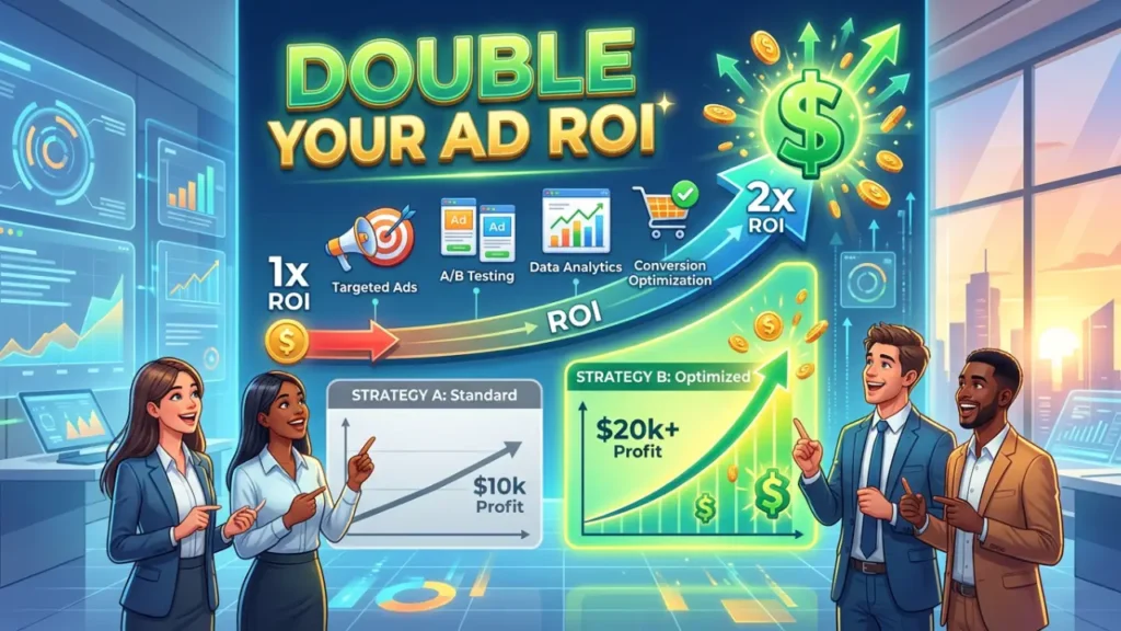 Digital marketing dashboard showing competitor ad performance and insights, highlighting 7 ad intelligence strategies to improve ROI.